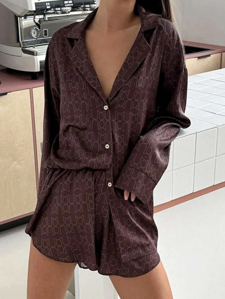 

Marthaqiqi Printing Women Sleepwear Suit Long Sleeve Nightgowns Sexy Turn-Down Pajama Shorts Casual Ladies Sleepwear 2 Piece Set