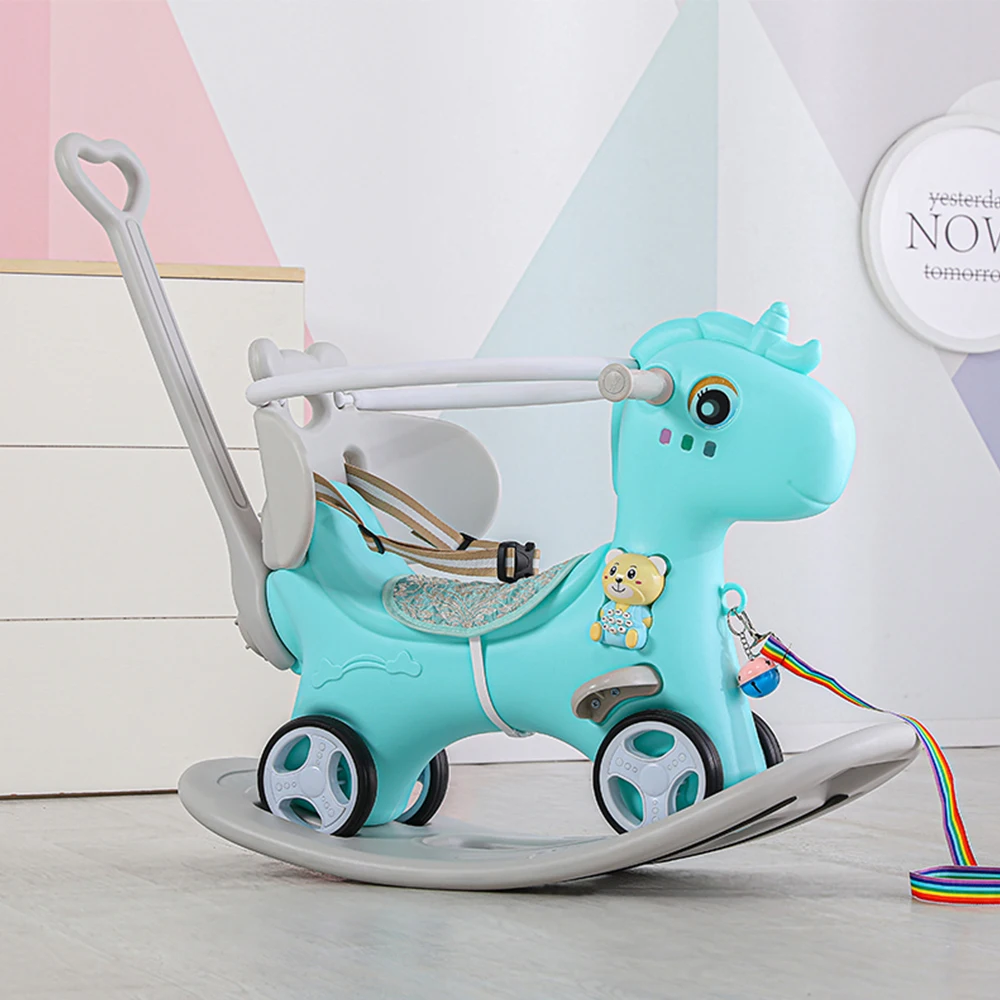 Cavalo de balanço de unicórnio azul: passeio de equilíbrio para crianças com alça e encosto - brinquedo infantil
