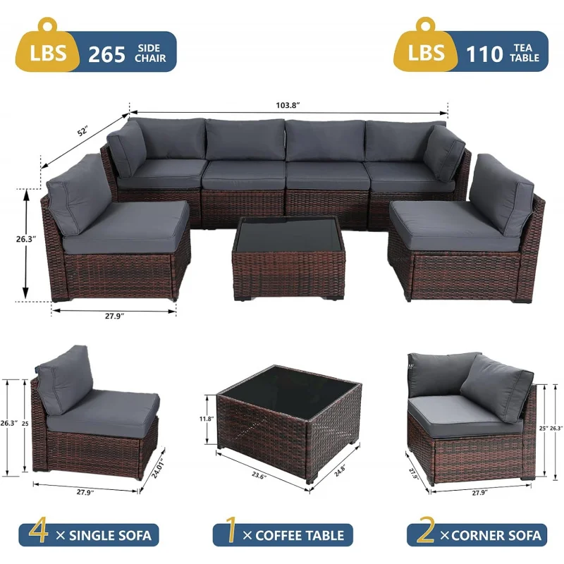 7 piece, PE rattan patio conversation, outdoor sectional furniture sofa set with thick cushions and Coff