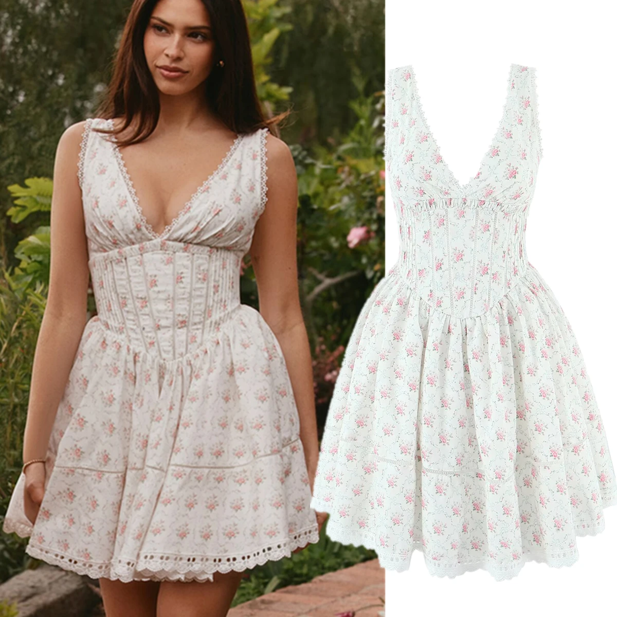 

Jenny&Dave French Retro Lace Flower Print Dress Deep V Neck Sleeveless Dress For Women Evening Dresses Party Dresses Vestidos