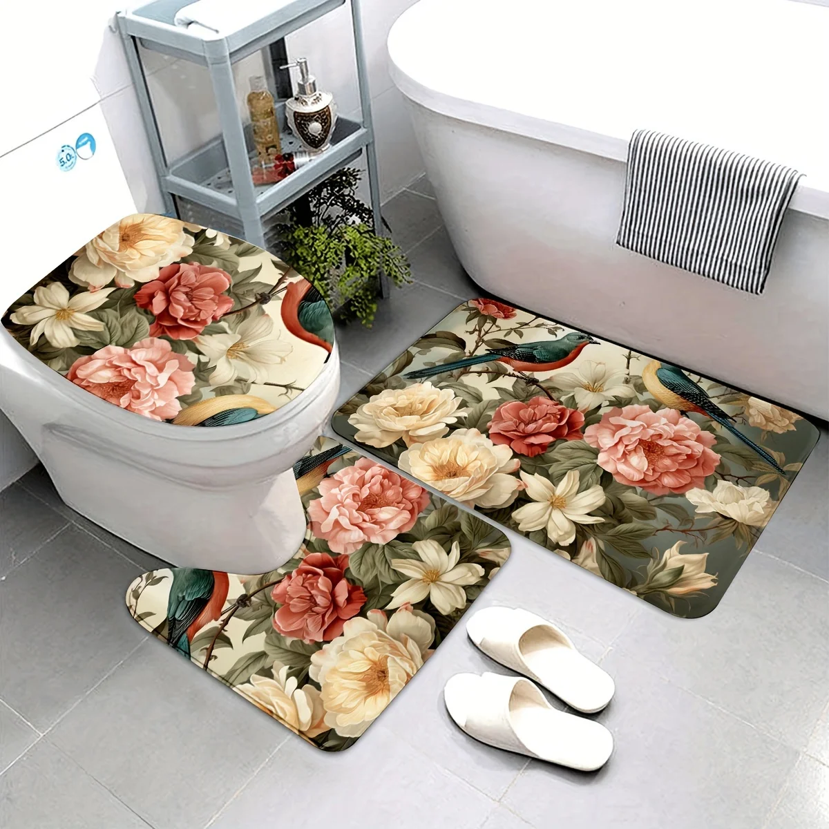 

3pcs Floral and Bird Bathroom Rug Set Non-Slip U-Shaped Mat and Toilet Lid Cover Nature Flower Theme Washable Indoor Floor Mats