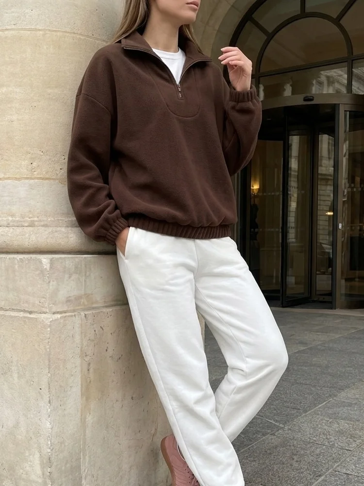 Tossy Fleece Half Zip Sweatshirt Long Sleeve Mock Neck Drop Shoulder Ribbed Cuff Ribbed Hem Oversized Daily Street Sweatshirt