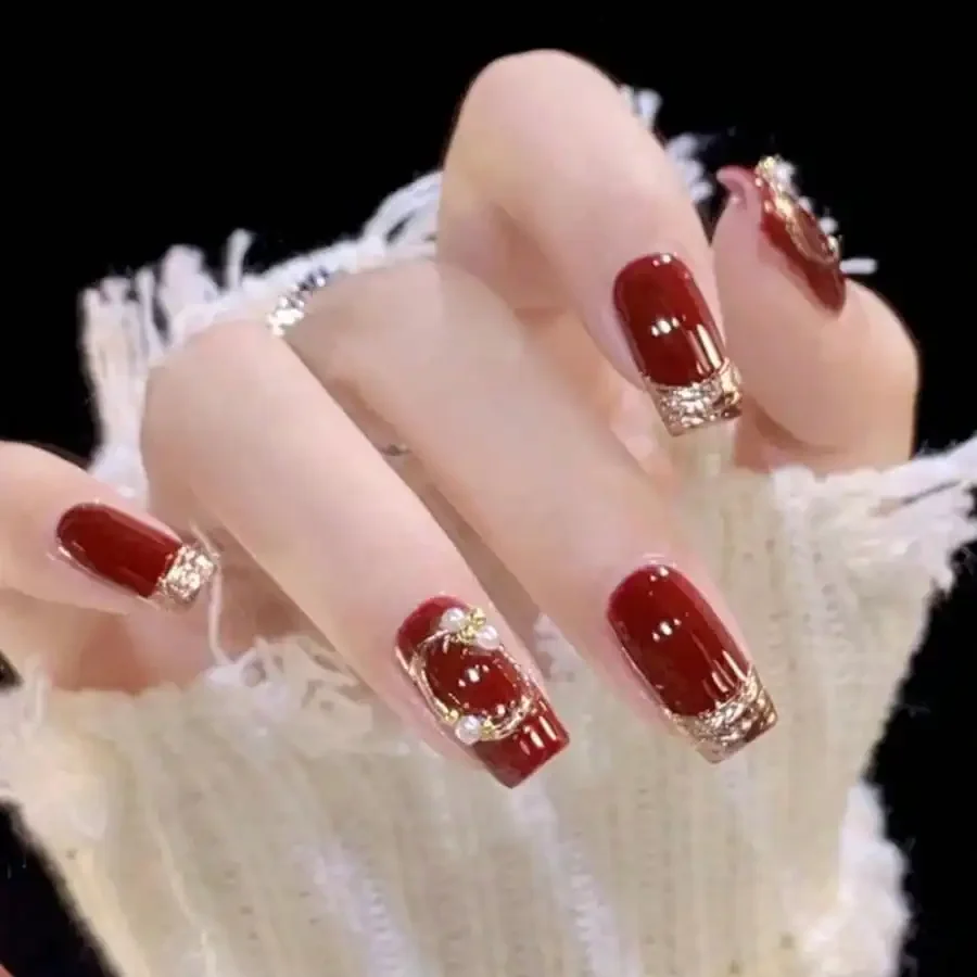 

24Pcs Wine-Red French Press On Nails, Pearl & Gold Foil, Full Cover Acrylic, Easy Wear, For Wedding Xmas New Year Dinner Date
