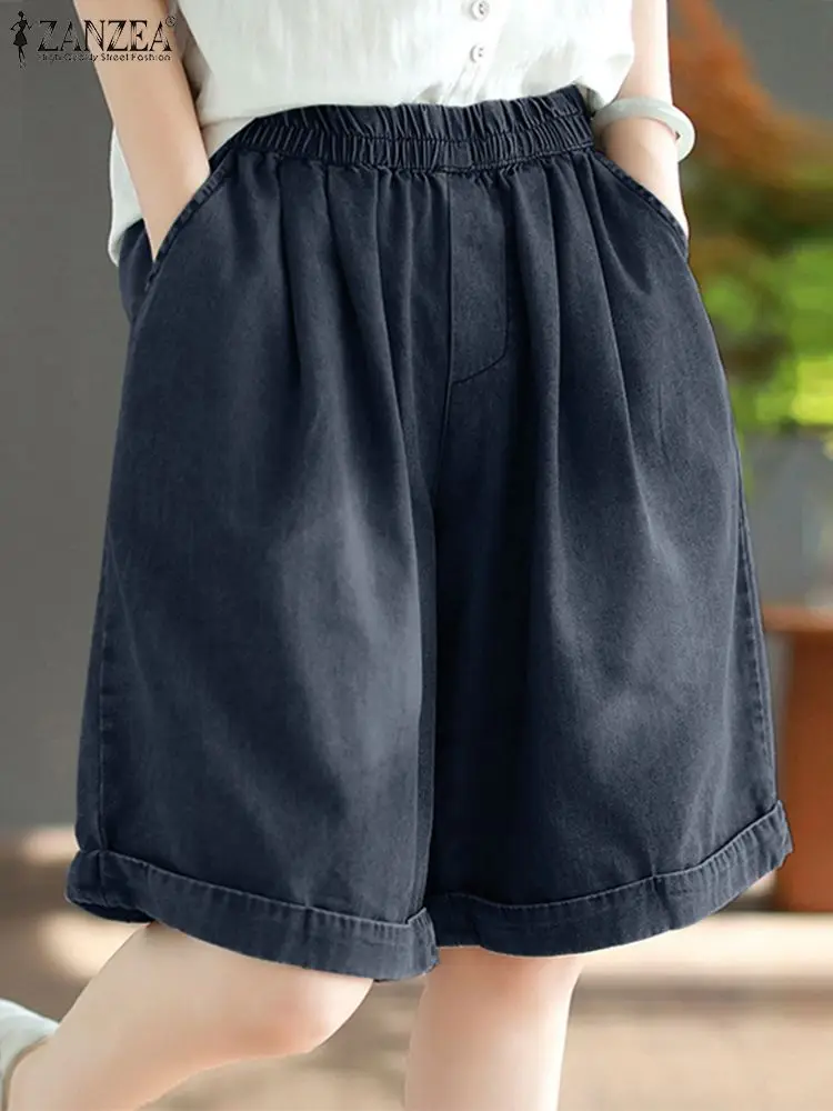 

ZANZEA 2024 Summer Denim Blue Shorts Women Casual Elastic Waist Wide Leg Pantalon Fashion Jeans Trousers Vintage OL Work Shorts