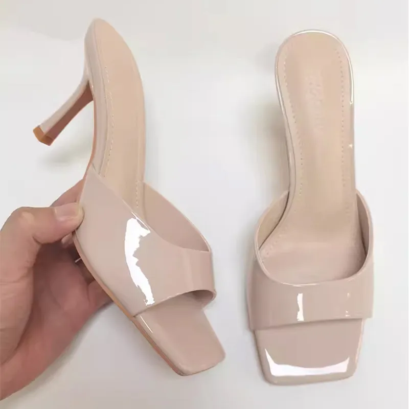 2026 Summer New Patent Leather High Heel Slide Sandals, Square Toe Open Toe Sexy Stiletto One Band Outdoor Slippers