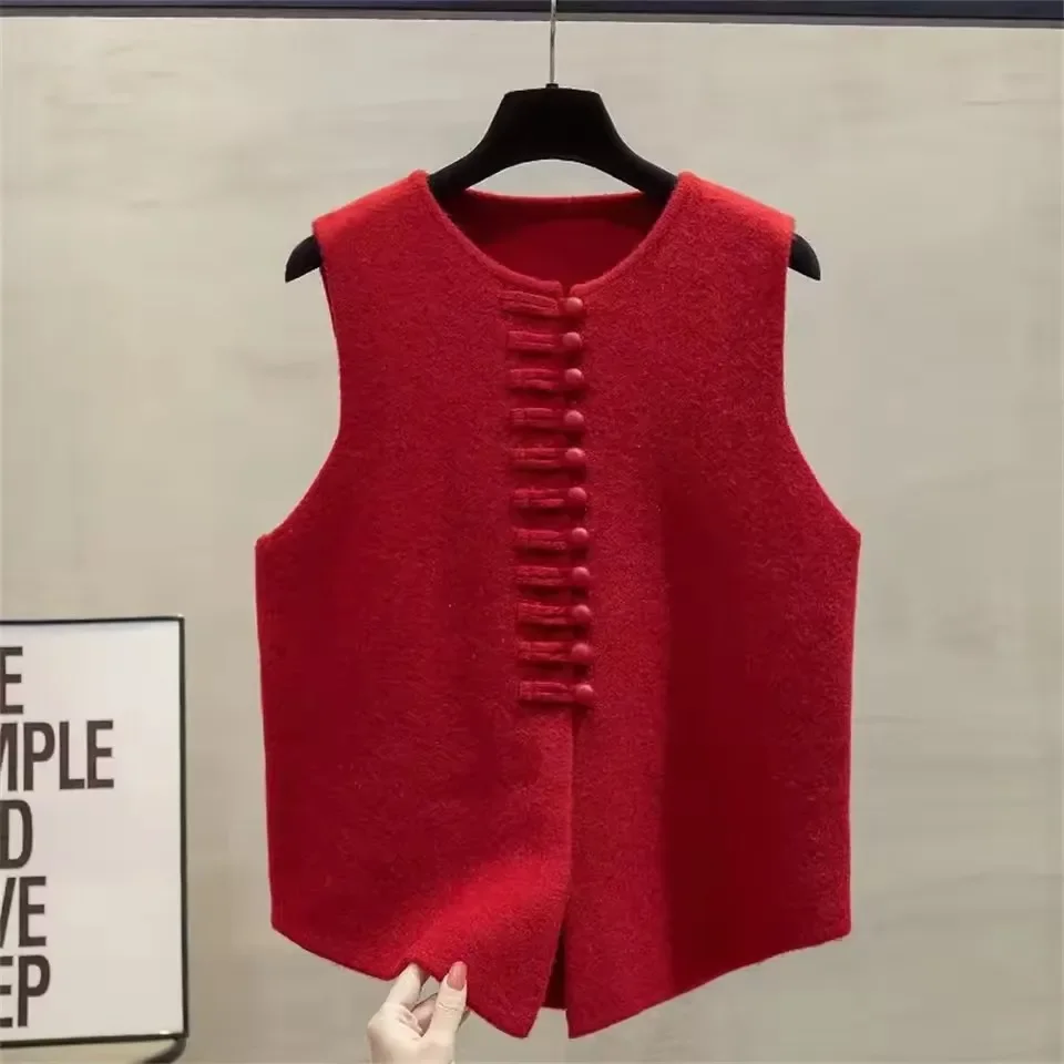 

Модный кардиган, жилет без рукавов, новый весенне-осенний винтажный однотонный вязаный женский костюм с круглым вырезом и пуговицами, базовые топы