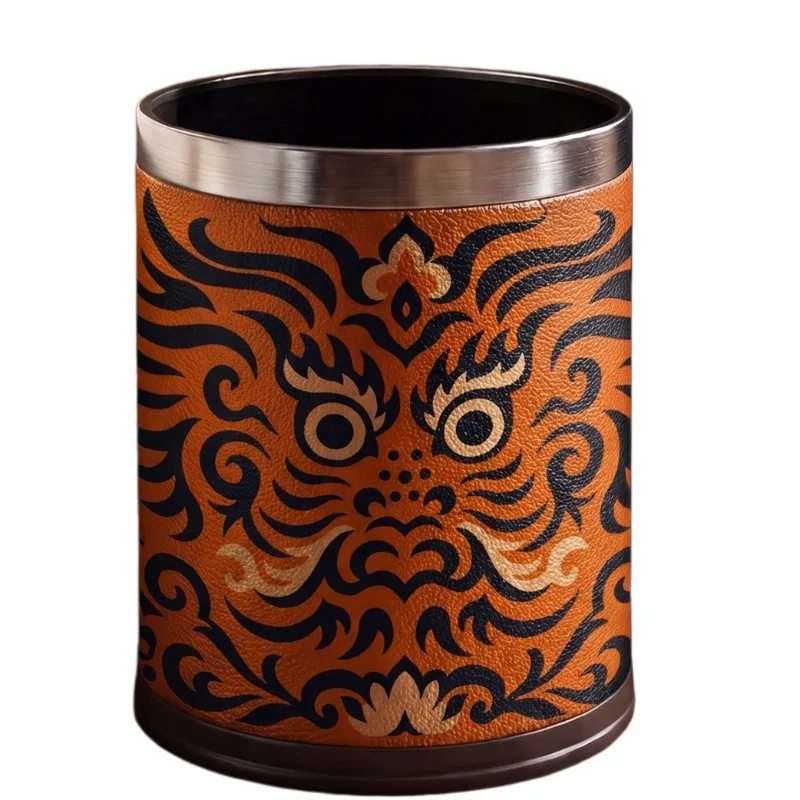 New Chinese Mid-century Faux Leather Trash Can, Vintage Ethnic Pattern Waste Bin for Study Entryway Living Room Storage Decor