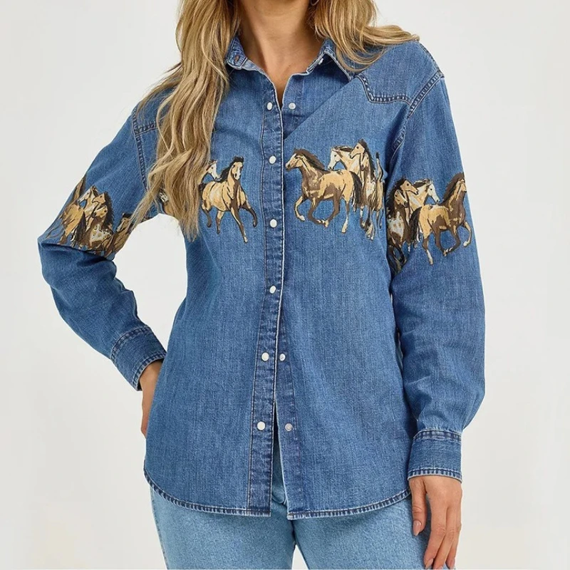 

Fashion Denim Turn Down Collar Shirt Retro Horse Print Design Street Style Loose Fit Long Sleeve Spring 2026 Coat New Streetwear