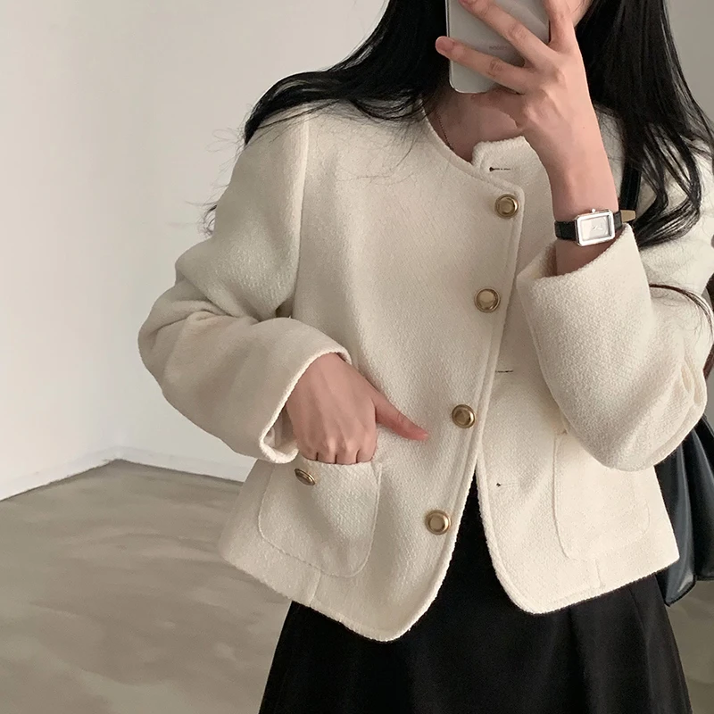 10% Wool Jacket Coat Autumn Winter Women Long Sleeve Single-Breasted Outwear Fashion Elegant Pocket Short Jacket Coat Overcoat