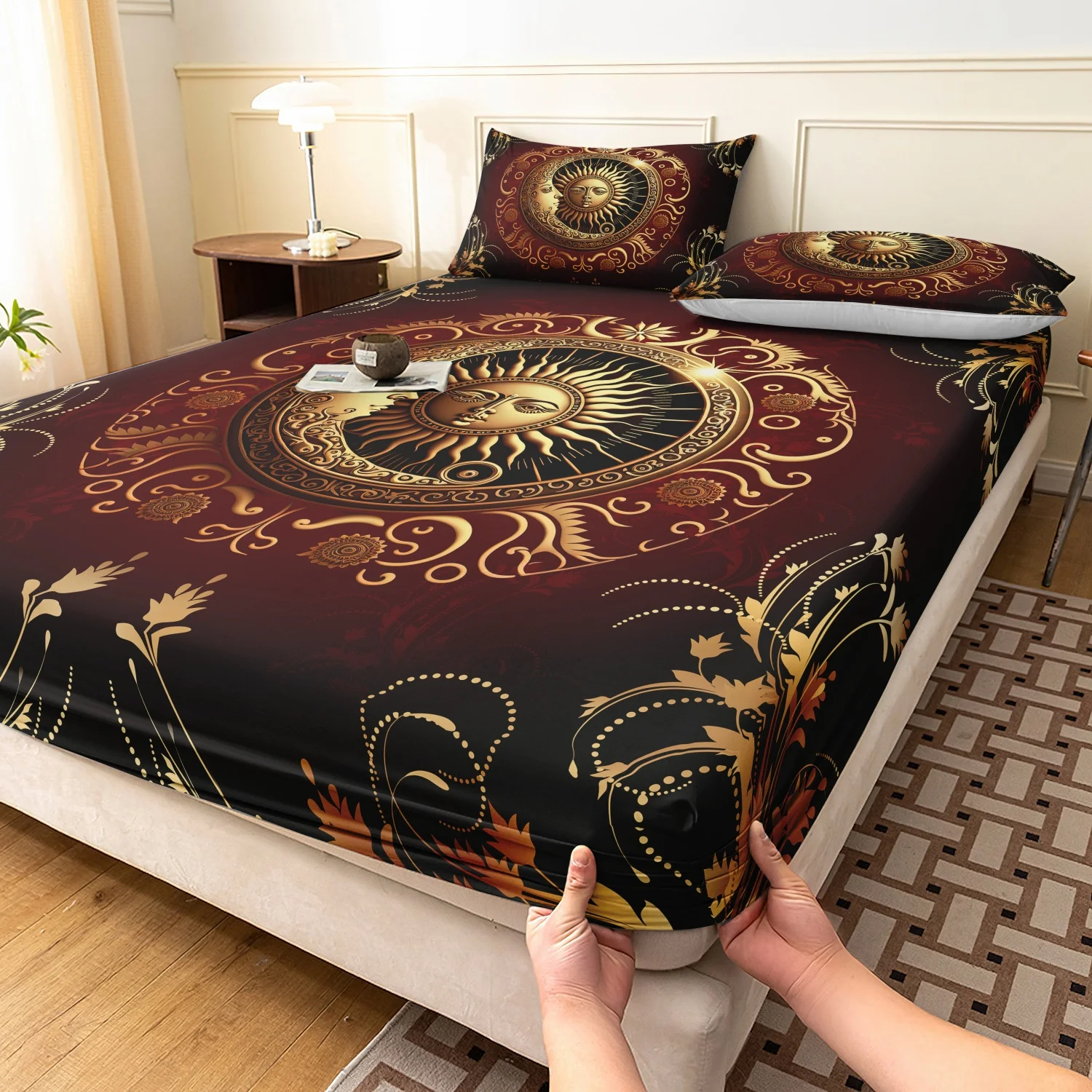 Luxury Mandala Sun Moon Print Fitted Sheet Set, 3 Pieces Black Gradient Golden Sun Moon Face Floral Celestial Pattern Bedding