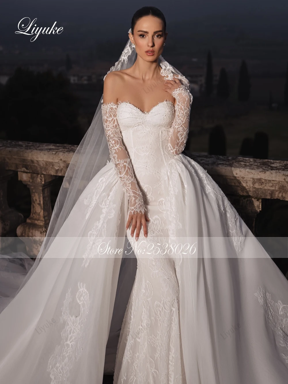 Liyuke Custom Made Elegance 2 In 1 Sweetheart Mermaid Wedding Dresses Shiny Lace Full Sleeves Bridal Gowns With Removable Train