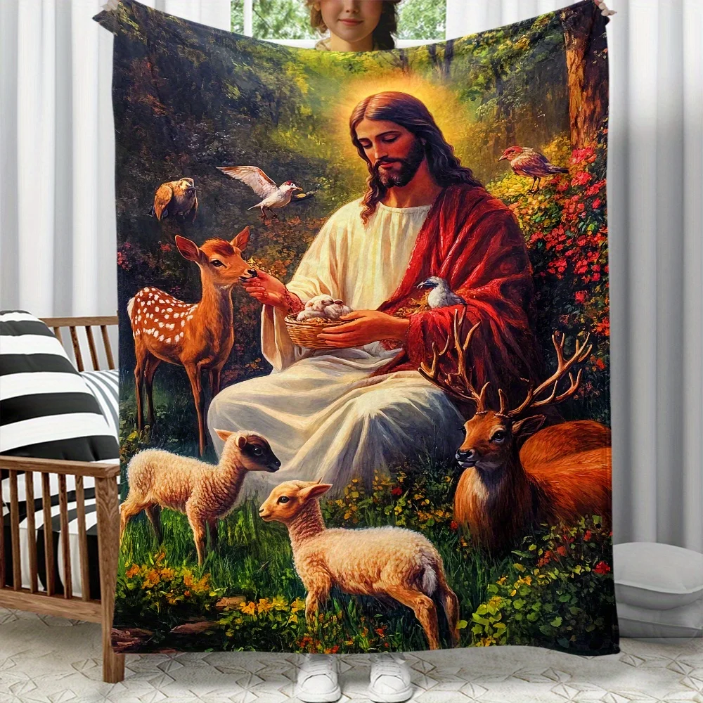

Jesus-Inspired Portable Flannel Throw Blanket - Soft, Warm & Lightweight for Sofa, Bed, Travel, Camping | Digital Print Fleece