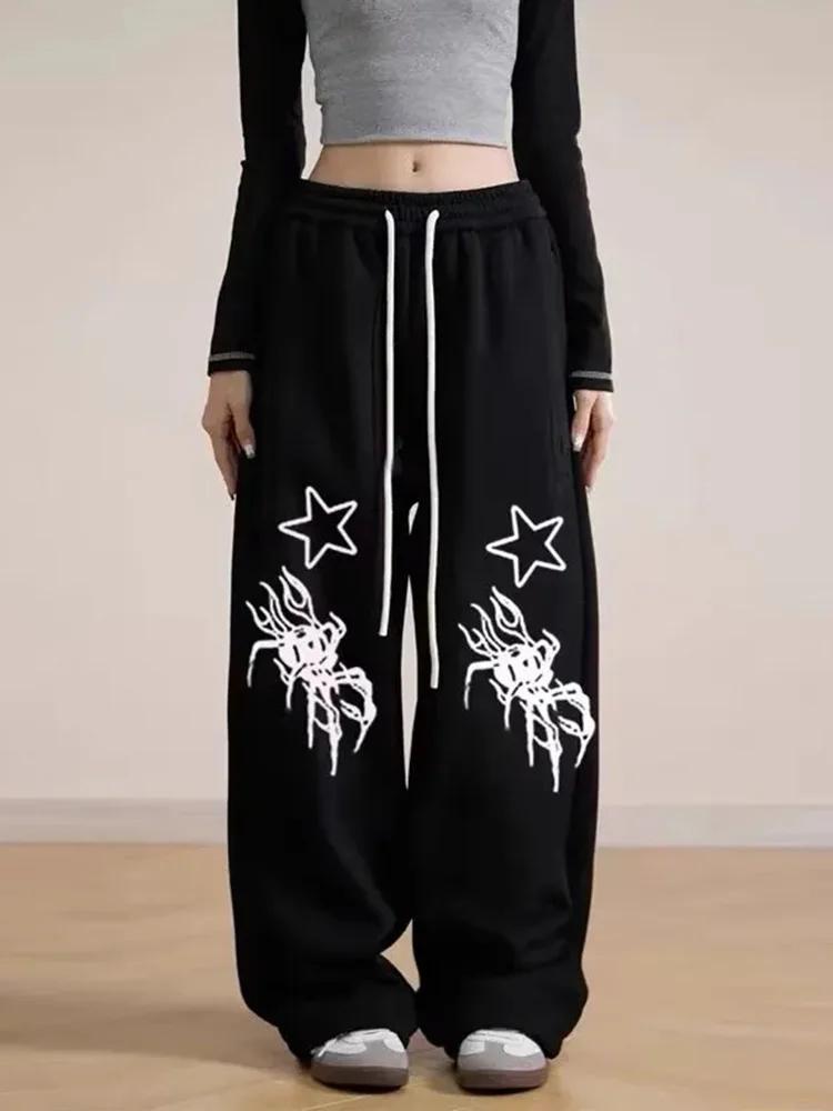 

Широкие брюки Harajuku Y2K черного цвета для женщин, уличный стиль, готика, свободные, с высокой талией, американский винтаж, с принтом паука и звезд, брюки в стиле BF