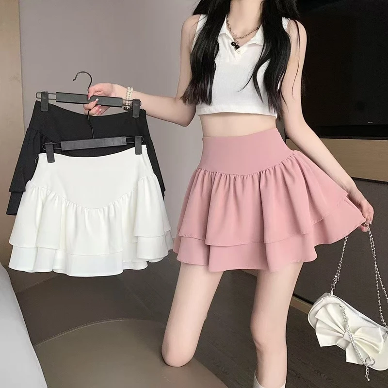 White Mini Skirts Cute Sexy Balletcore Elastic High Waist Ball Gown Ruffle Lolita Skirt Short Korean Sweet Y2K Women Clothing