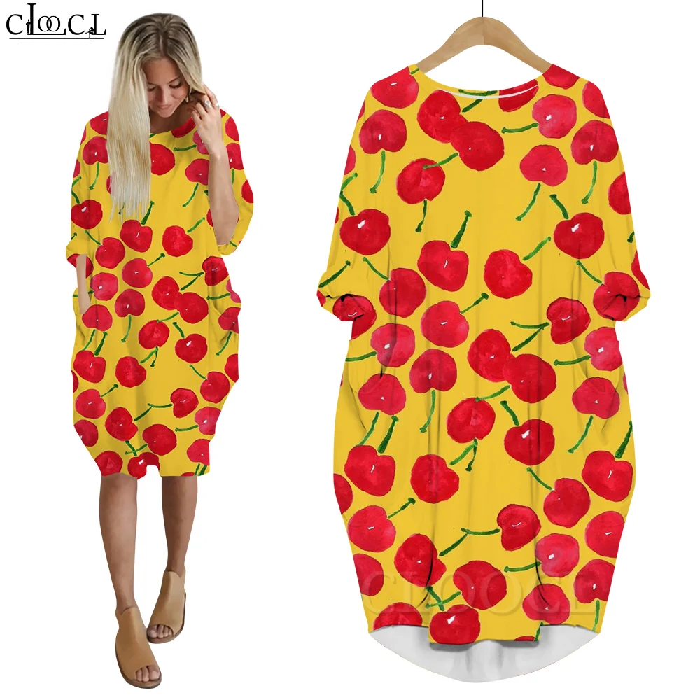 

CLOOCL Dress Women Oversized Knee-length Long Sleeve Dresses Cartoon Fruit Pattern 3D Graphic Crew Neck Cherry Dresses New