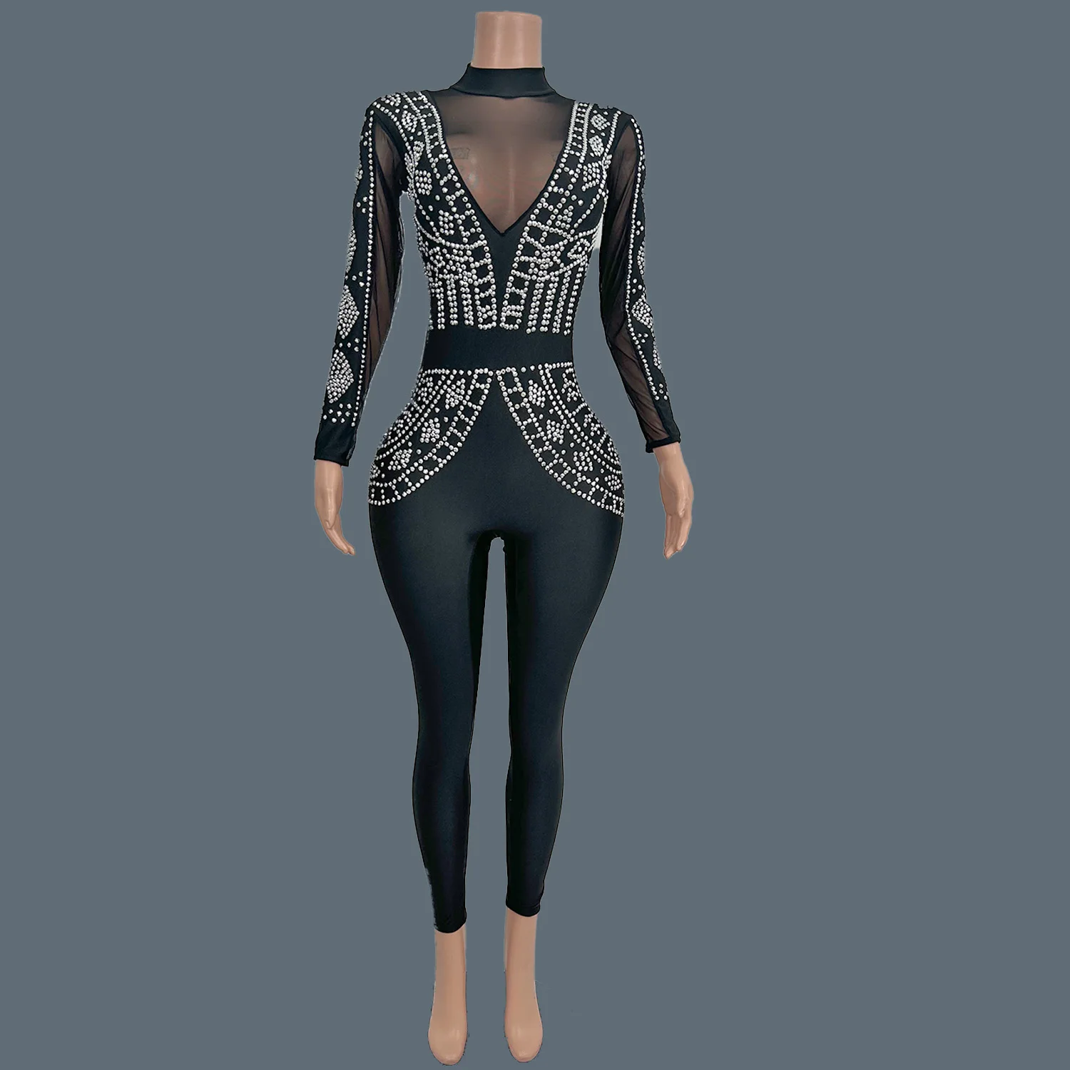 Sexy low-cut Black Tight Fitting Jumpsuit Spandex Elastic Rhinestone Jumpsuit Nightclub Party Outfit Hottie Dance Costume Heiren