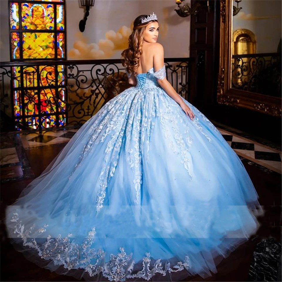 2023 Light Blueเจ้าหญิงQuinceaneraปิดชุดไหล่ลูกไม้Appliques Ball Gown Sweetheart Elegant Party Dress 15 ชุด