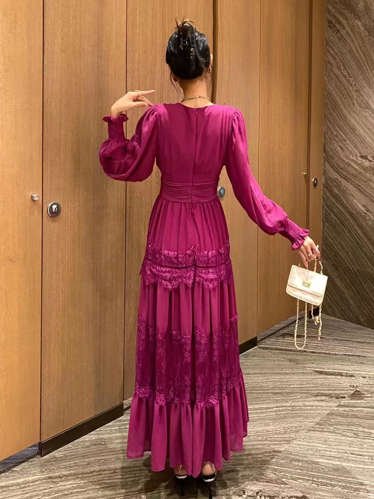 SEQINYY Party Midi Dress Elegant V-Neck Lace Spliced Pleated High Street Solid Lantern Sleeve Fashion Runway For Female Slim