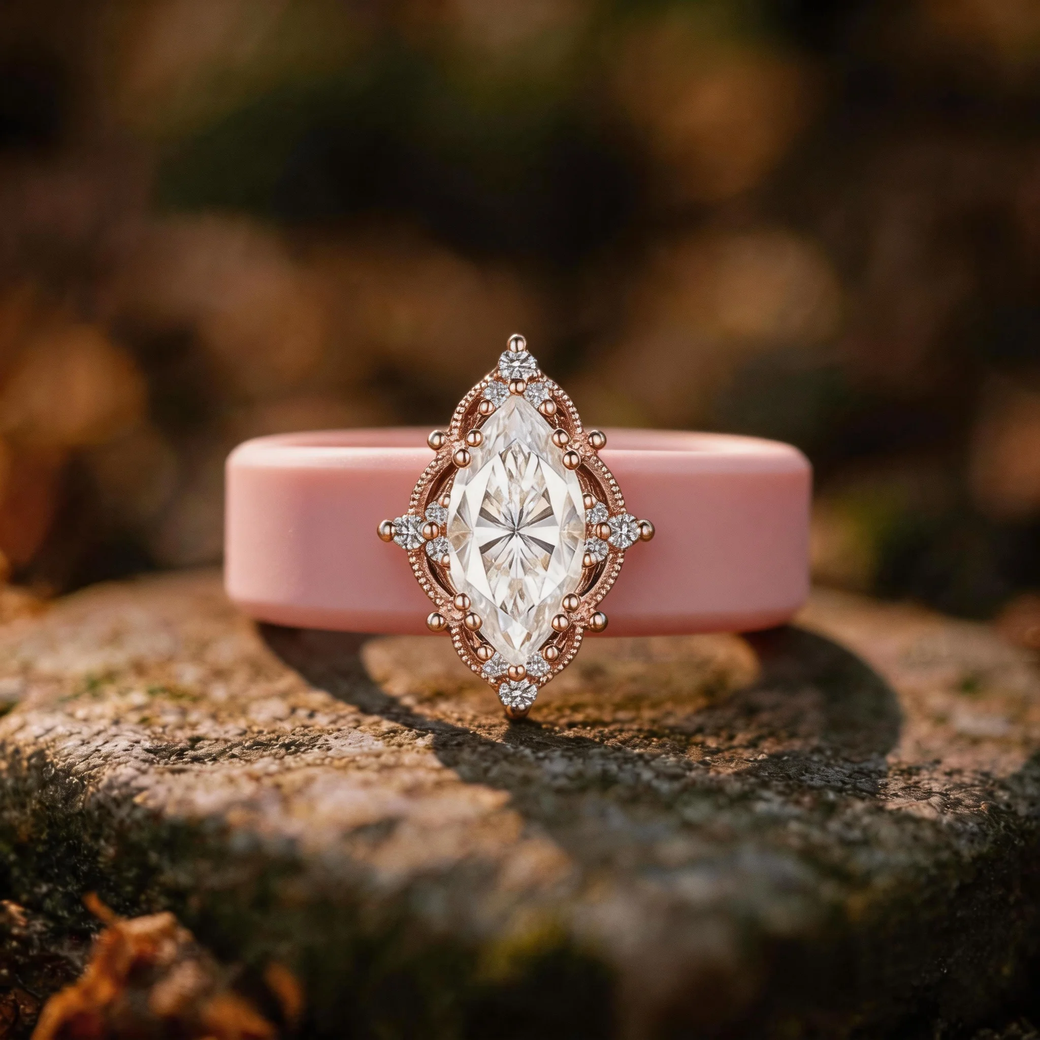 Pink Silicone Ring with a Marquise-Cut CZ Cluster Setting; Comfortable, Hypoallergenic, and Stackable with Engagement Jewelry
