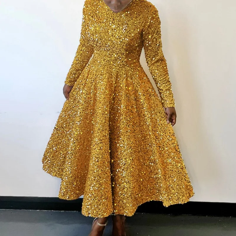 Dress Women's Round Neck Long Sleeves Solid Colour Sequin High Waist Elegant Mid-length Evening Gown Niche Versatile Distinctive