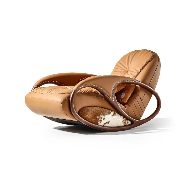 Solid wood leather single sofa lazy balcony rocking chair, gold silk sandalwood massage recliner brown