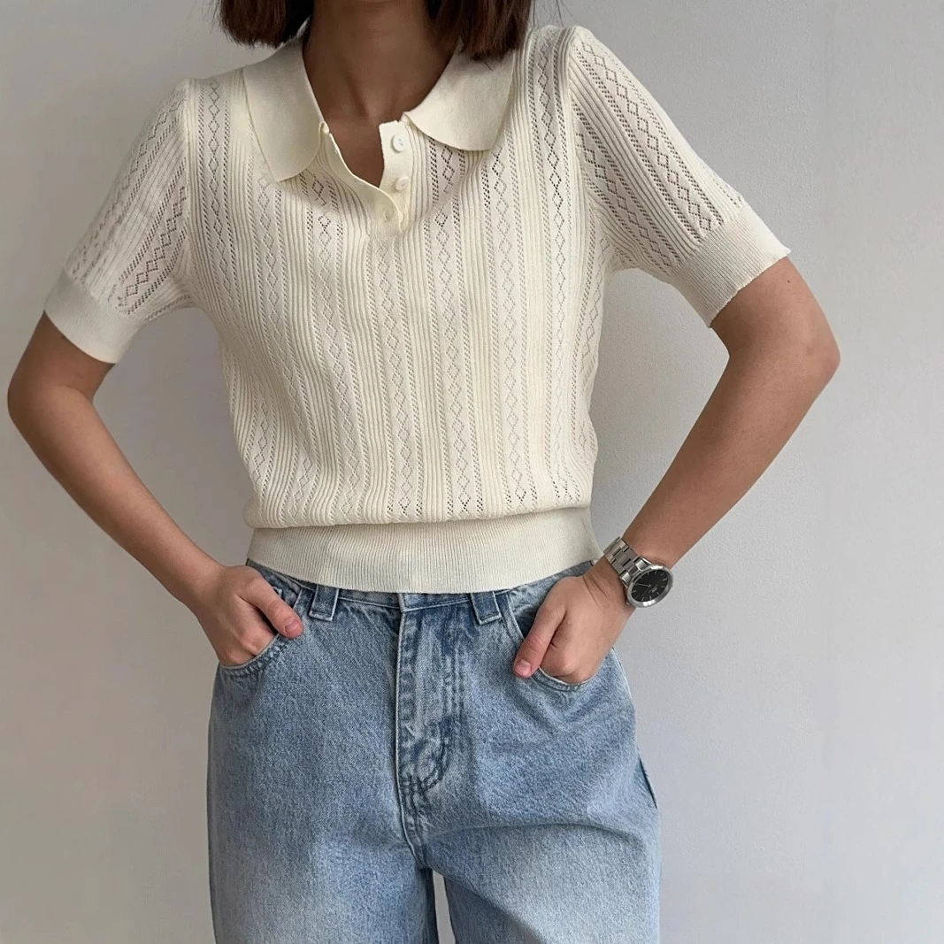 

Design Sense Cut-out Lapel Short Sleeve Knit Sweater Women's 2025 New Summer Unique Niche Half-sleeved Top Trend