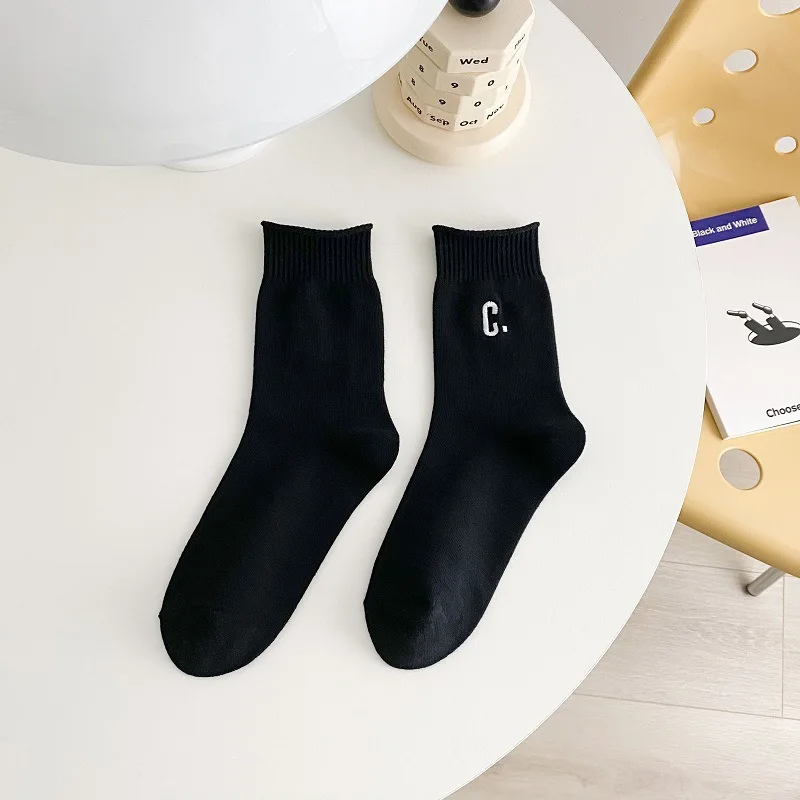 Spring and Autumn Socks Female Letter Embroidery Versatile Cotton Socks In Pure Color Lovers College Style Stockings