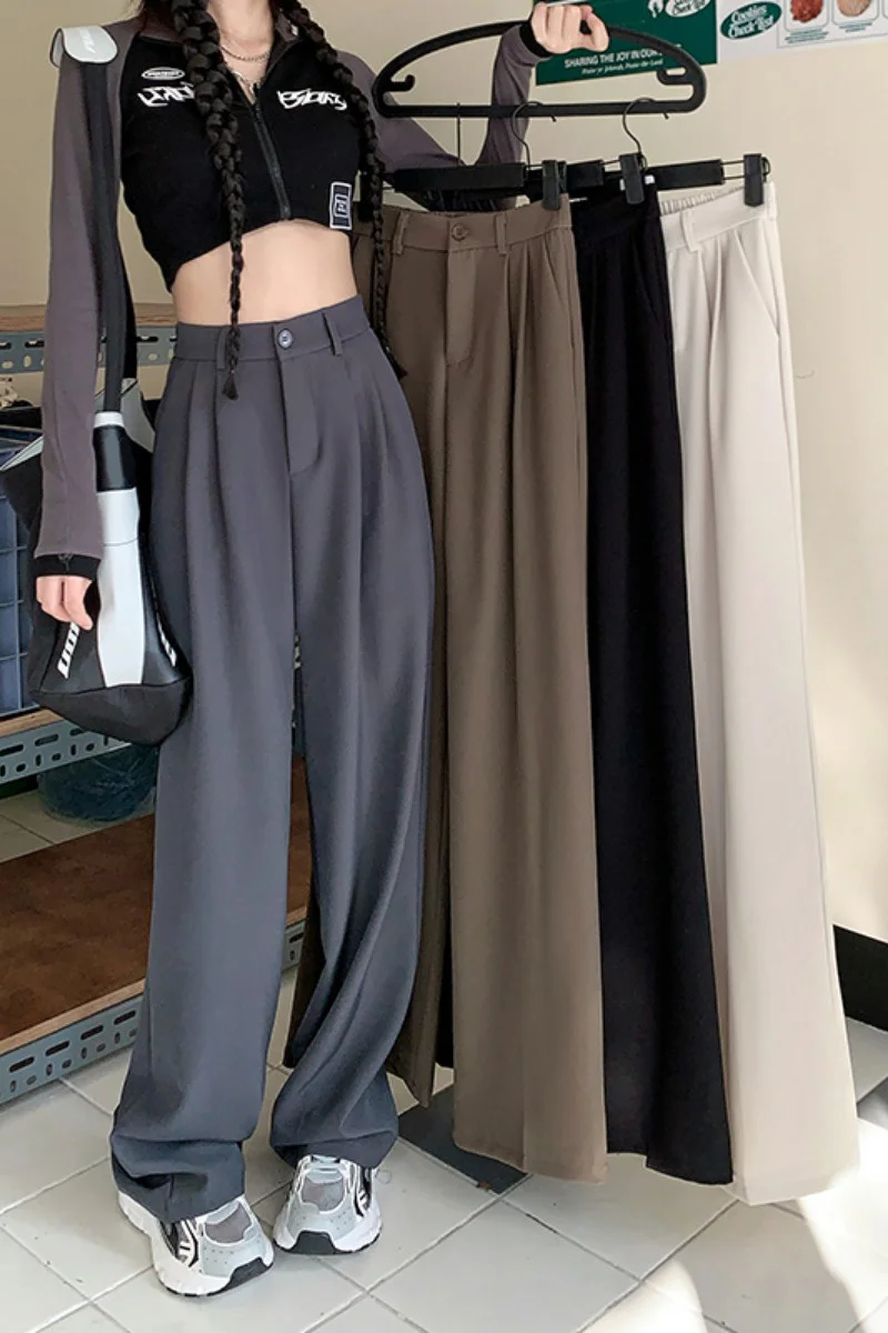 Grey Black Straight Suit Pants Women's Spring And Autumn Elastic Waist Loose Office Lady High Waist Trousers Wide Leg Pants