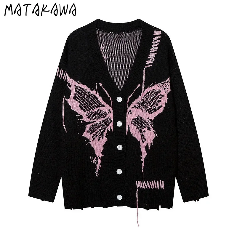 Matakawa-suéteres con estampado de mariposa para Mujer, cárdigans con cuello en V, suéter con borlas de estilo japonés, moda de otoño e invierno, Y2k