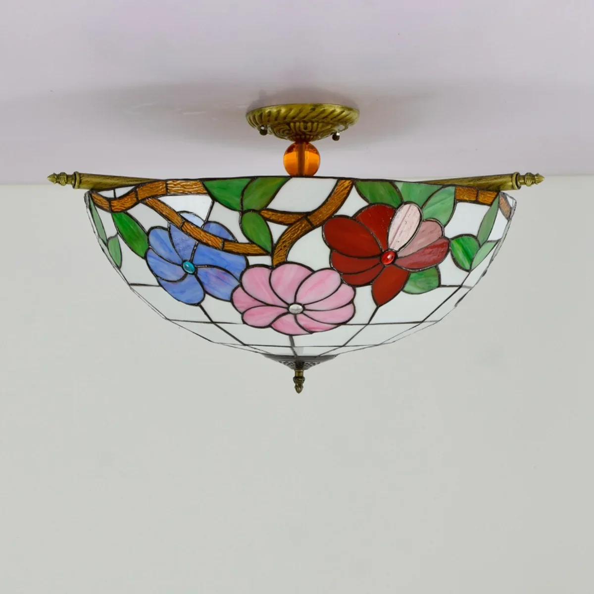 20 Inch American Retro Red Morning Glory Garden Tiffany Stained Glass Restaurant Bar Club Bedroom Upward Pendent Ceiling Lamp