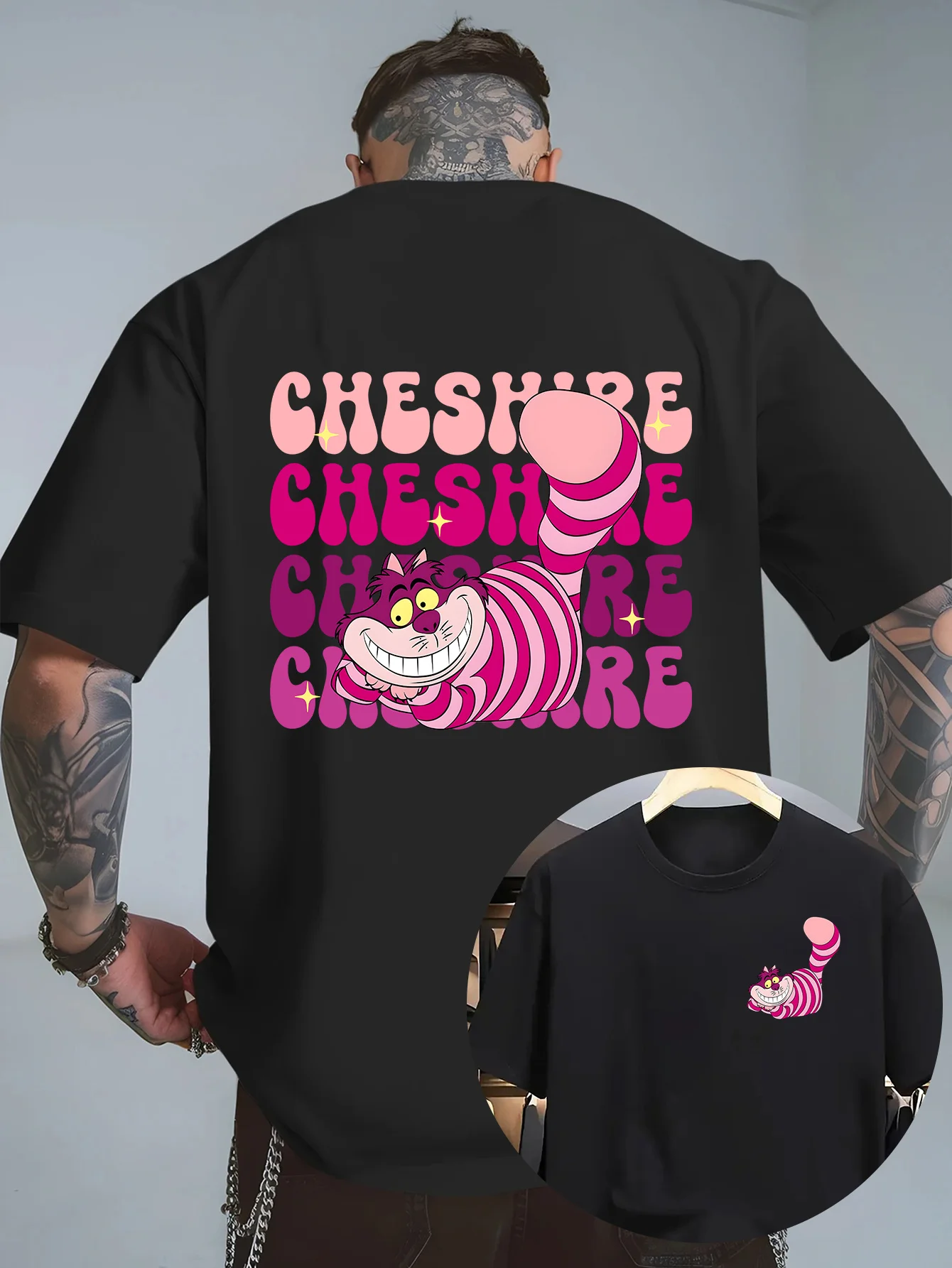 

Летняя мужская футболка Disney Cheshire Cat, повседневная одежда для отдыха и тематических занятий, унисекс, хлопковая уличная одежда большого размера с короткими рукавами