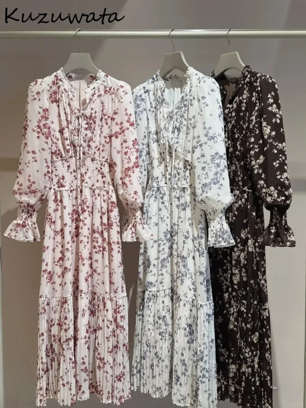 Kuzuwata French Sweet Minority Feminine Harajuku Print Dress Lace Up Slim Waist Chiffon Robe Japan Elegant Commuter New Vestidos