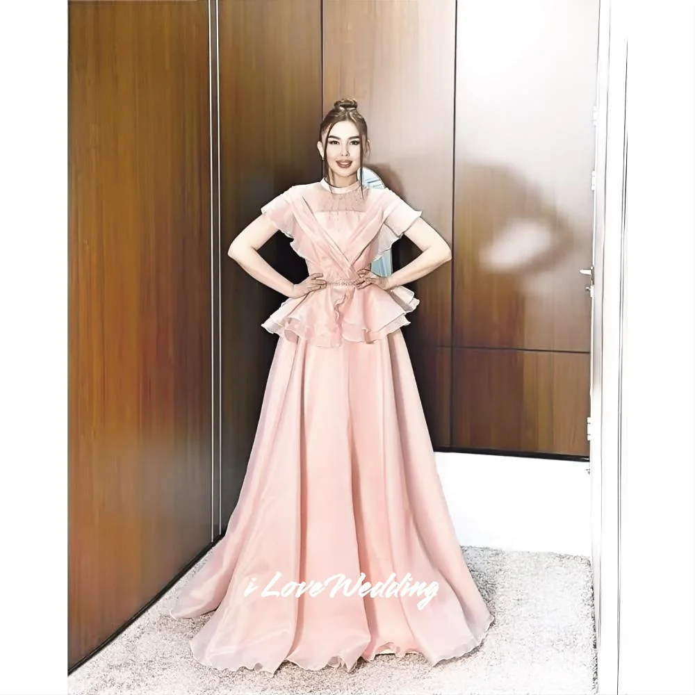 

Pink O-Neck Prom Dresses 2025 Organza Cap Sleeve A-Line Beaded Ruffles Pleated Floor-Length Wedding Party Dresses Customized