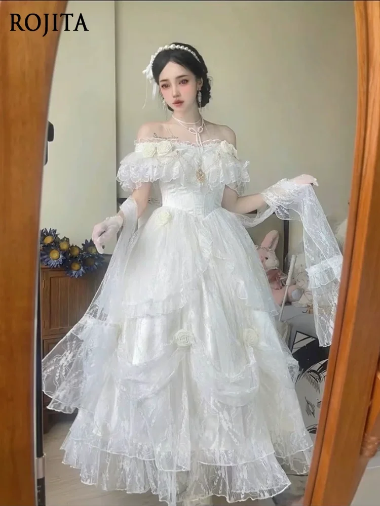 Elegant Lace White Wedding Dress Summer New Sweet Elegant Fairy Banquet Birthday Princess Dresses Women Lolita Fluffy Maxi Dress