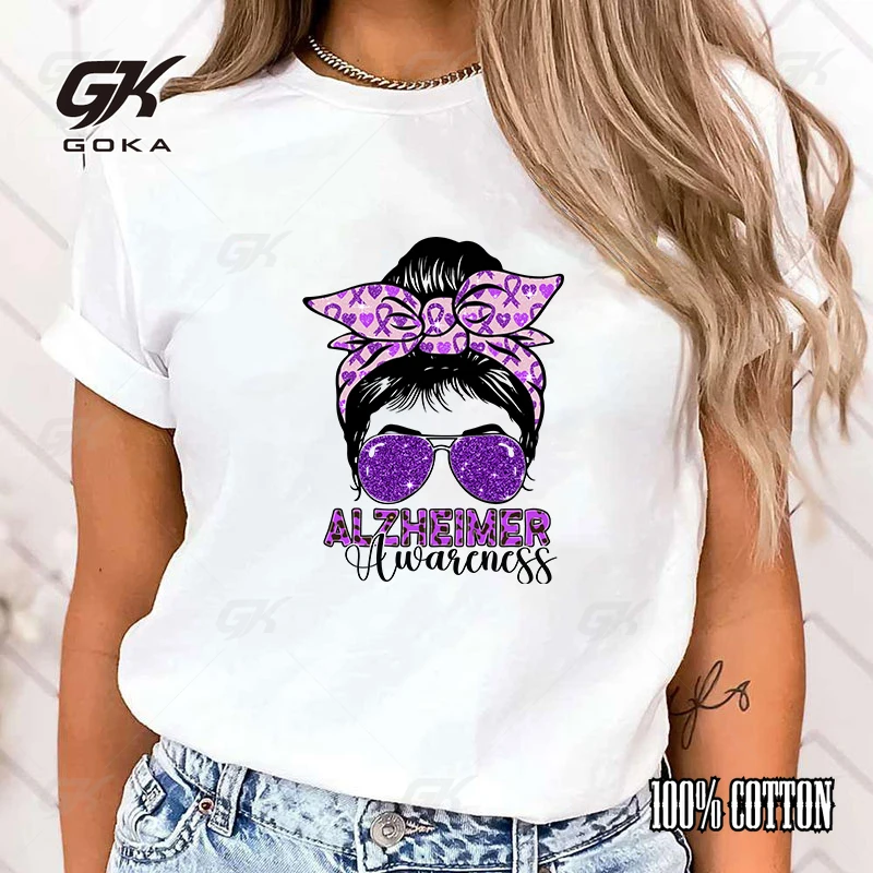 New alzheimer's awareness print t shirts women casual round neck tees top summer cool loose short sleeve