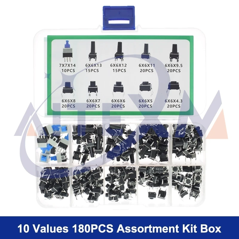 10 Values 180PCS Tactile Push Button Switch Mini Momentary Tact Assortment Kit DIY for Arduino Switch 6*6 4.3MM~13MM DIP 4P