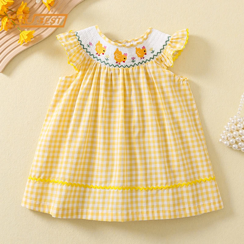 Kids Baby Girls Sleeveless Sweet Grid Chick Embroidery Dress Summer Baby Girls Dress Kids Baby Girls Children Clothes Dress