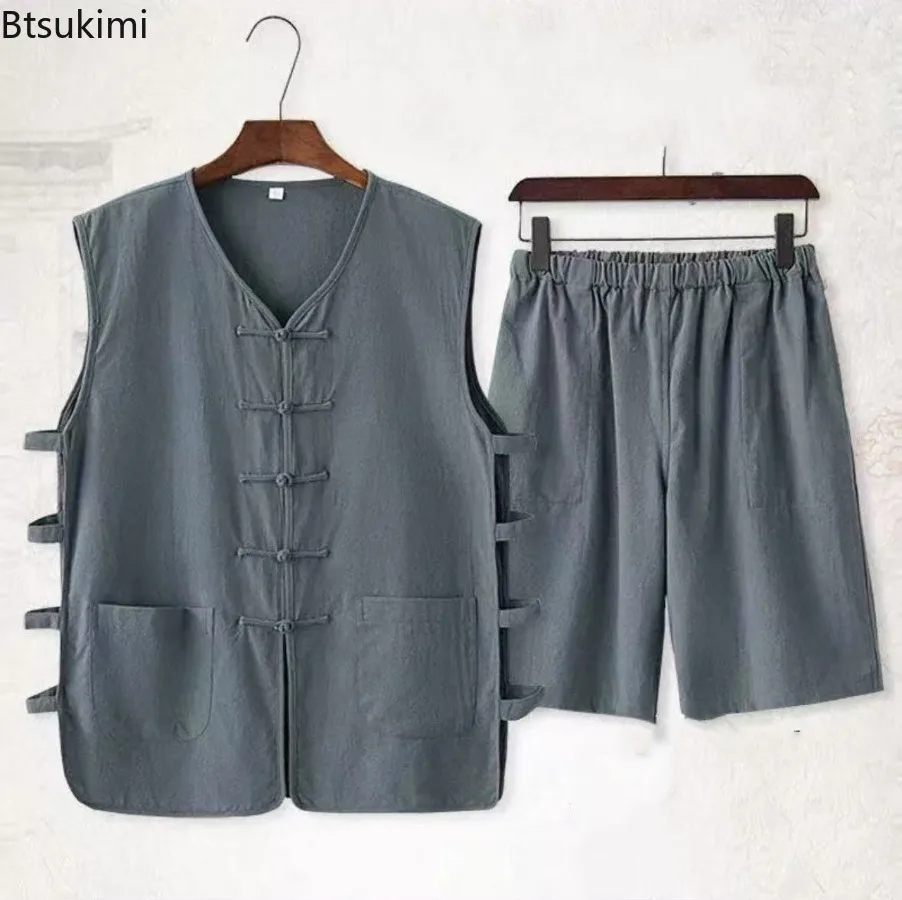 

Chinese Style Men's Clothing Summer Breathable Kung Fu Tai Chi Suit Sleeveless Cotton Linen Two Piece Sets Vintage Man Tang Suit