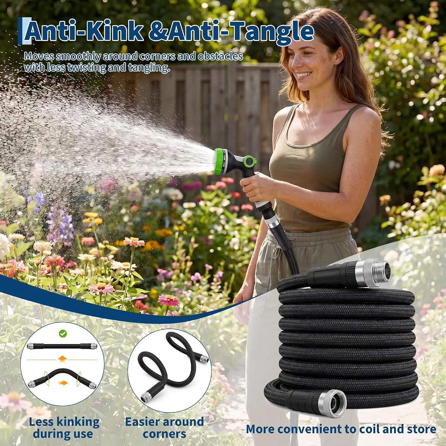 Nylon Braided Garden Hose, Lightweight Non-Expandable Water Hose with TPE Inner Tube, Durable Braided Outer Layer for Outdoor Cleaning Car Washing, Black 25/50/75/100FT