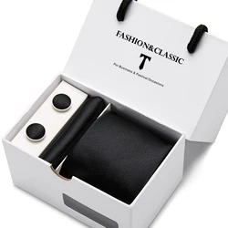 High Quality 7.5 cm Black Solid Men's Necktie Handkerchief Cufflinks Set For Men Wedding Neckties Gravatas In Gift Box