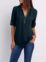 Hot Sale Women'S Casual Loose Chiffon Shirt Deep V Neck Zipper Short Sleeves Solid Color Blouse Tops Fashion Pullover Shirts 3