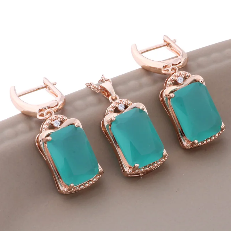 Trend 2023 Square Natural Zircon Drop Earrings Sets 585 Rose Gold Color Jewelry Sets for Women Luxury Quality Jewelry