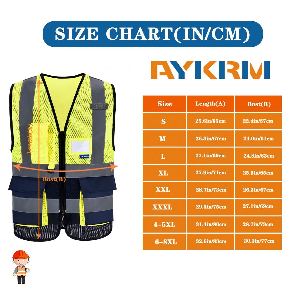 AYKRM High Visibility Reflective Vest  Safety Zip Pocket Hi Viz Security Waistcoats Multi Customized Logo Construction