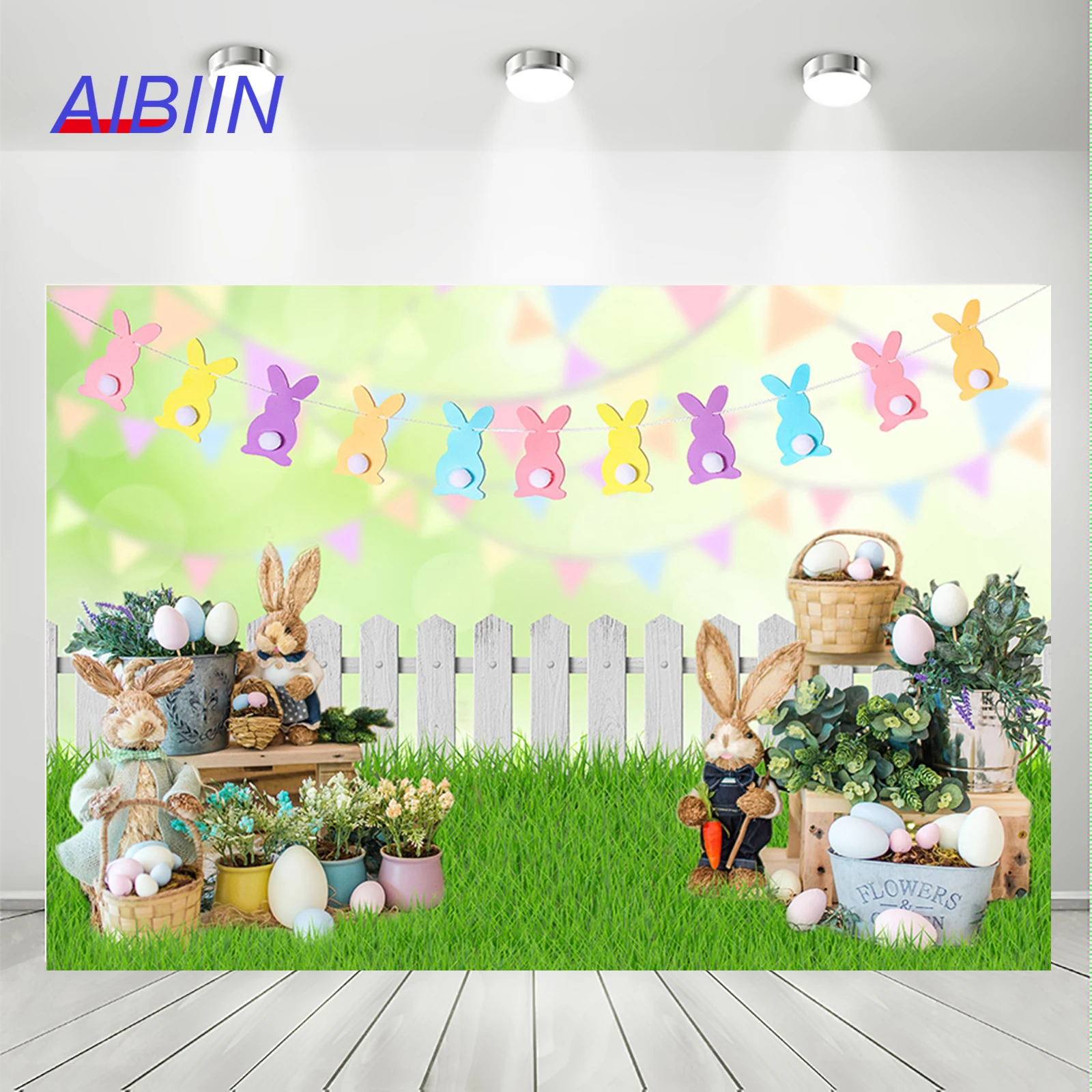 

AIBIIN Easter Photography Backdrop Bunny Colorful Eggs Background Rabbit Green Grassland Flower Kids Photo Party Decoration