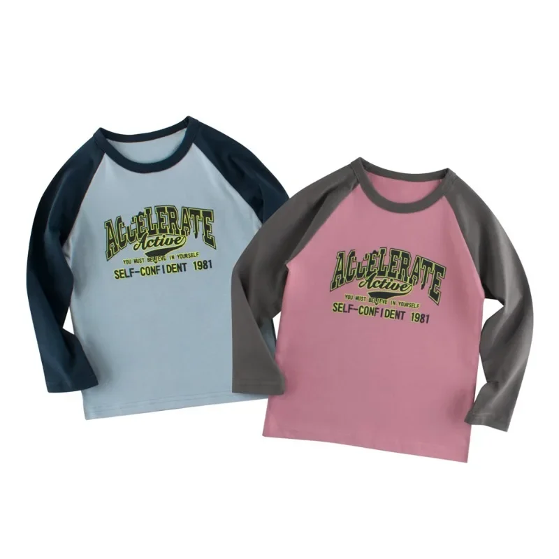 

2025 Children's Clothing Spring and Autumn New Boys Long-sleeved T-shirt Letter Printing Splicing Baby Clothes