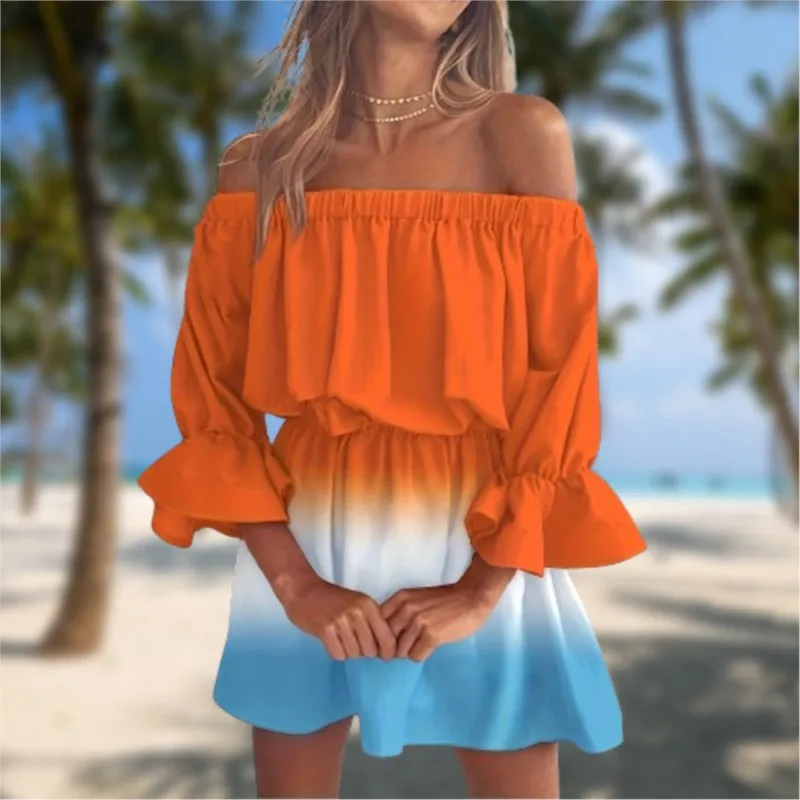 

Women's Lotus Sleeve Dress Summer New One-shoulder Gradient Color Off-Shoulder Waist Skirt Women's Casual Beach Dress