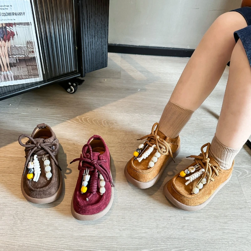 Children's Flats Shoes 2025 New Round Toe Lace-up String Bead Loafer Girl Leisure Retro Style One Kick Spring Autumn Single Shoe