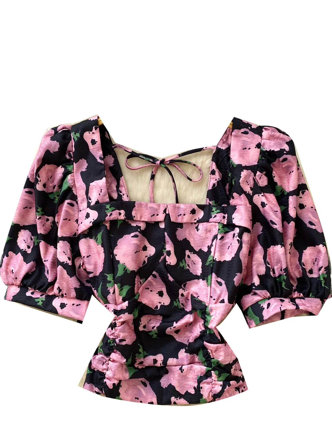 

Retro Floral Print Bubble Sve irt Women's Summer ort Neline Tied Design Ele Beautiful Top Trendy Korean Sle Lo...