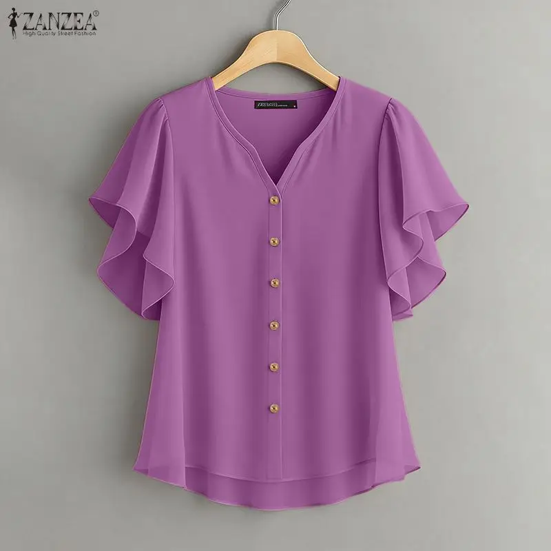 2026 ZANZEA Summer Women Tops Stylish Solid Holiday Shirt Elegant V Neck Short Ruffled Sleeve Blouse Casual OL Work Blusas Femme