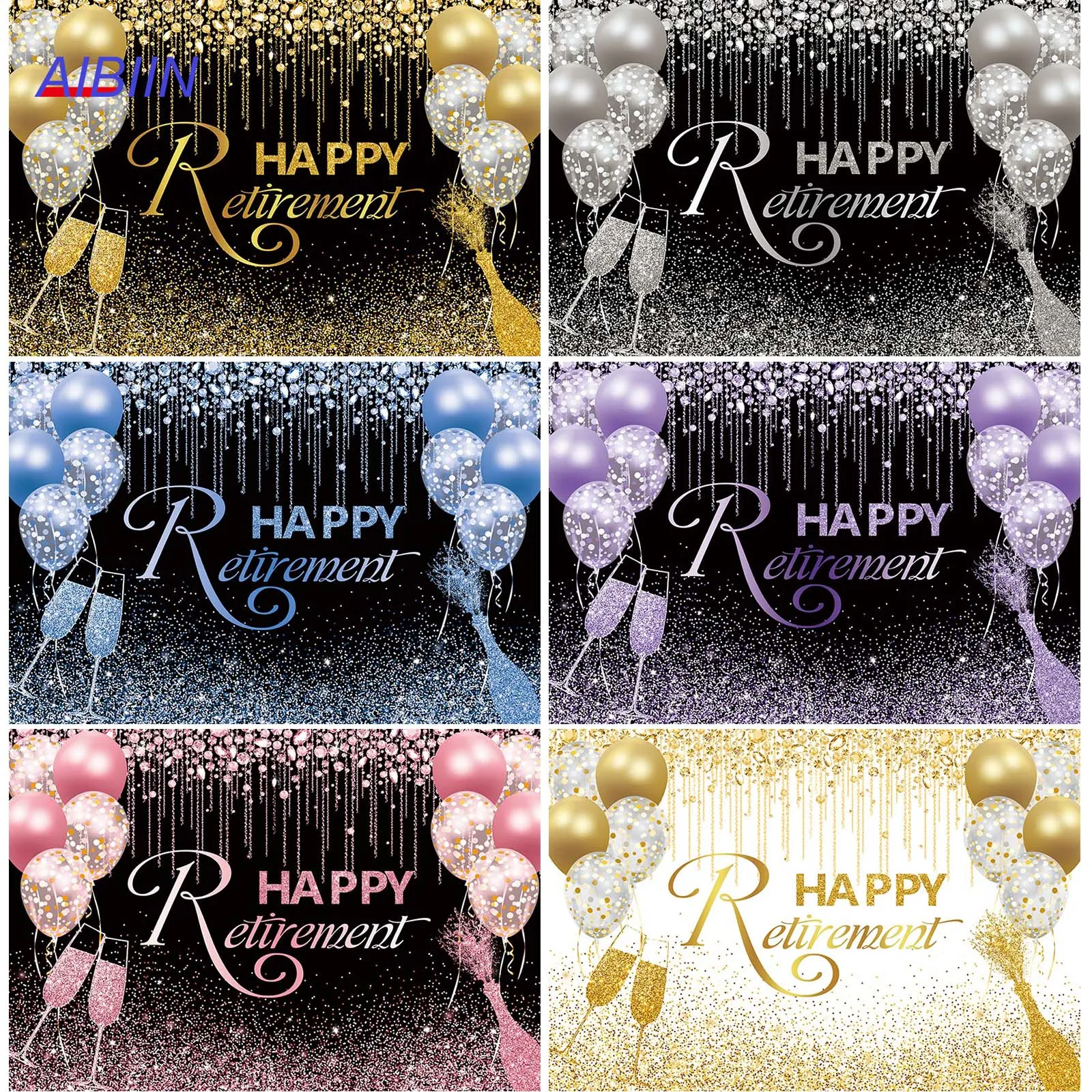 

AIBIIN Retirement Photography Background Glitter Shimmer Dots Balloons Champagne Retired Farewell Party Backdrop Cloth Decor